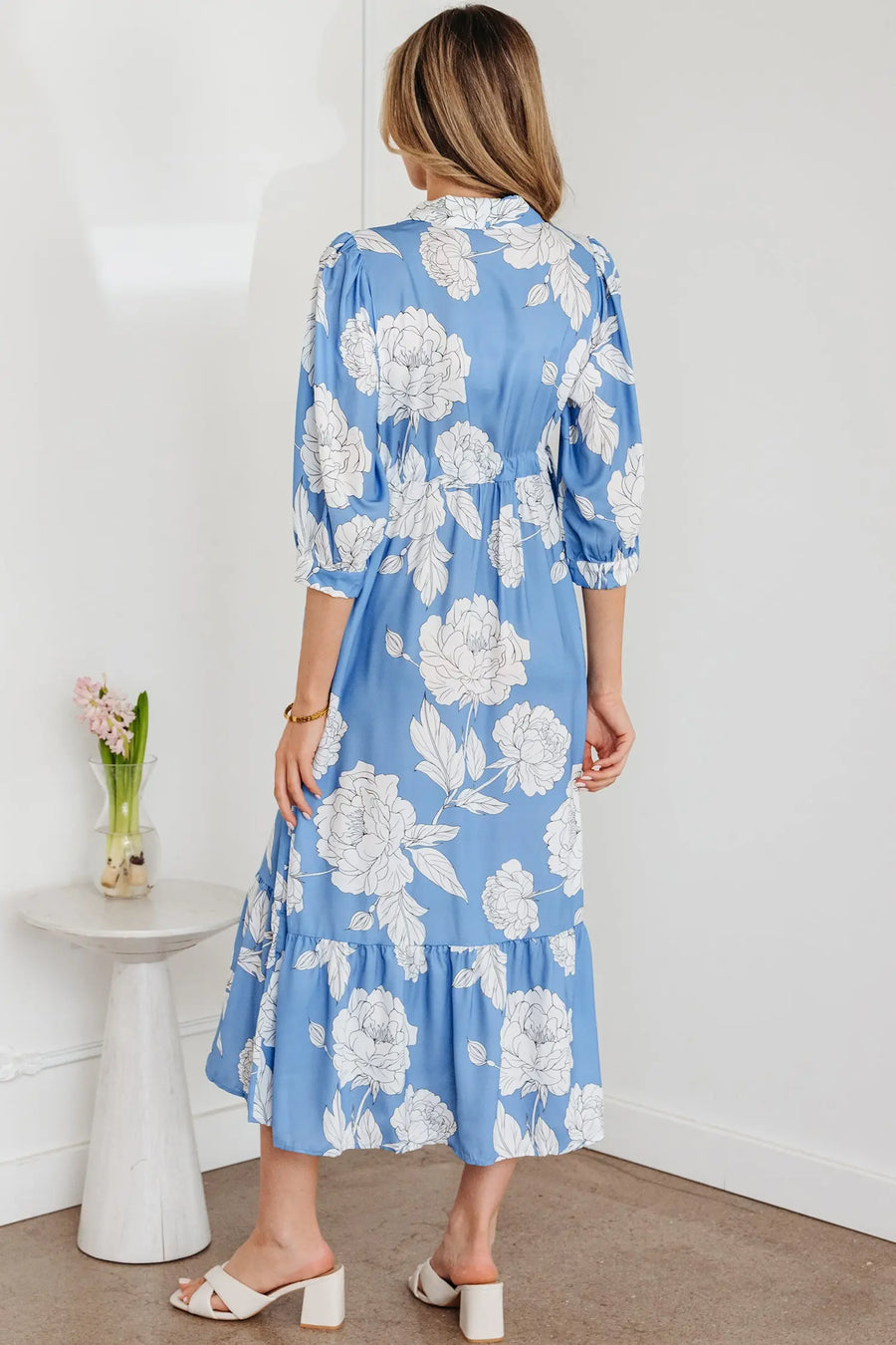 Sky Blue Floral Shirt Collar 3/4 Sleeve Long Dress Women UK