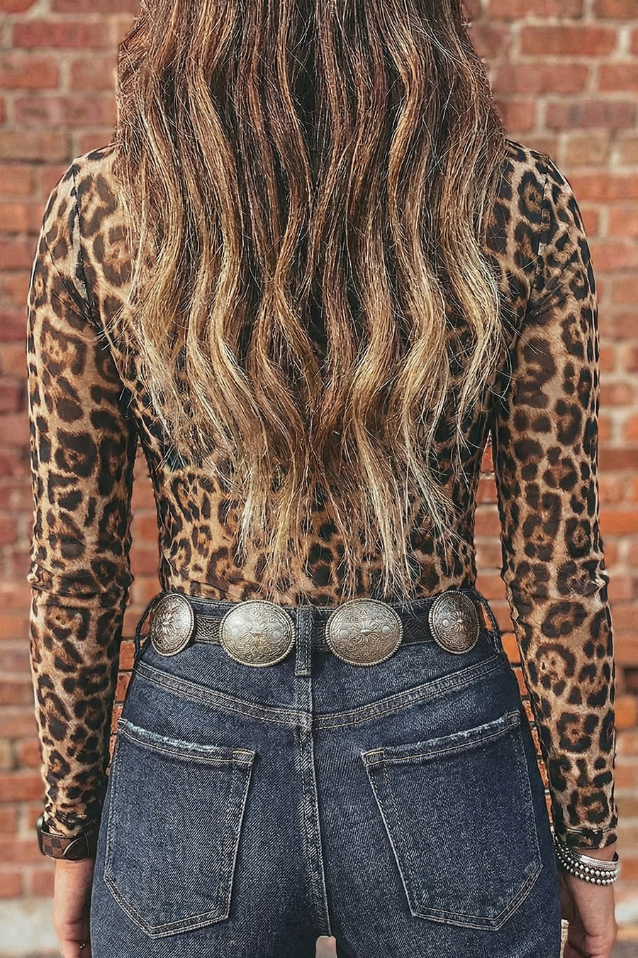 Western Print Mesh Mock Neck Slim Top Long Sleeve High Stretch