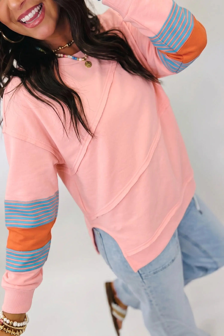 Colorblock Striped Patchwork Long Sleeve Blouse — back view | Fashionfitz UK