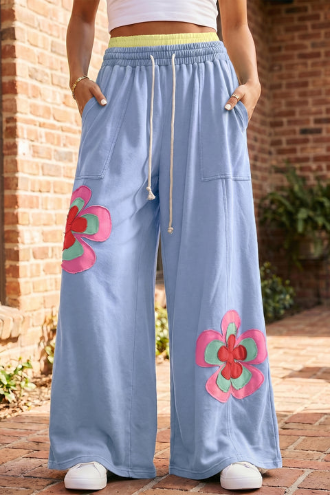 Flower patchwork drawstring elastic waist wide-leg trousers women UK | Fashionfitz