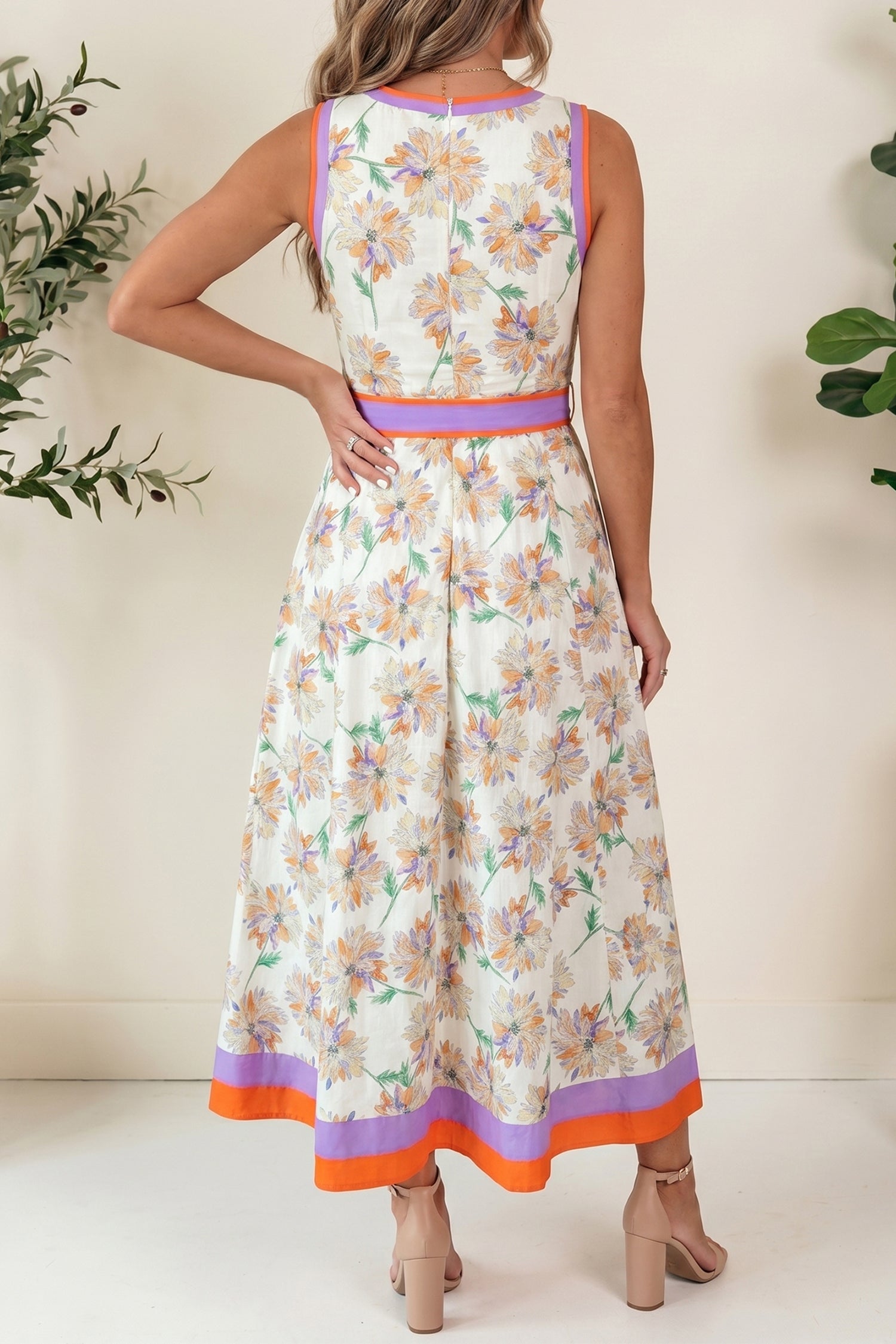 Floral Print Colour Block Belted Maxi Dress Sleeveless Side Pockets