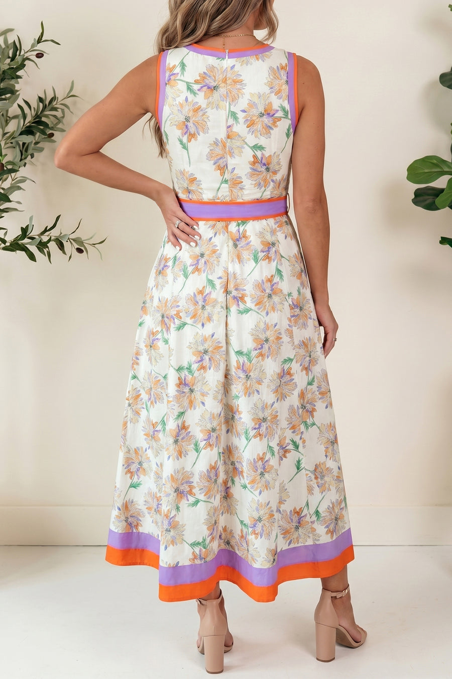 Floral Print Colour Block Belted Maxi Dress Sleeveless Side Pockets — styled flat lay | Fashionfitz UK