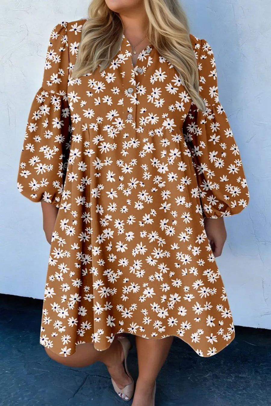 Khaki Plus Size Daisy Floral Button Split Neck Dress Women UK — close-up detail