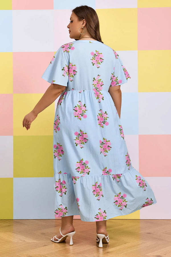 Sky Blue Plus Size Floral Scalloped V-Neck Dress Women UK — back view