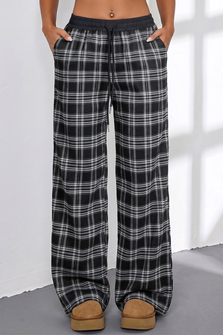 Plaid Contrast Drawstring Waist Wide Leg Trousers