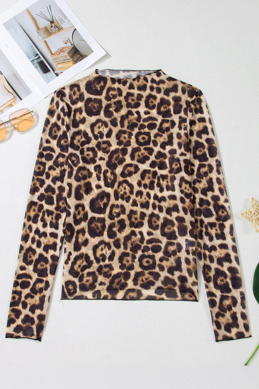 Western Print Mesh Mock Neck Slim Top Long Sleeve High Stretch