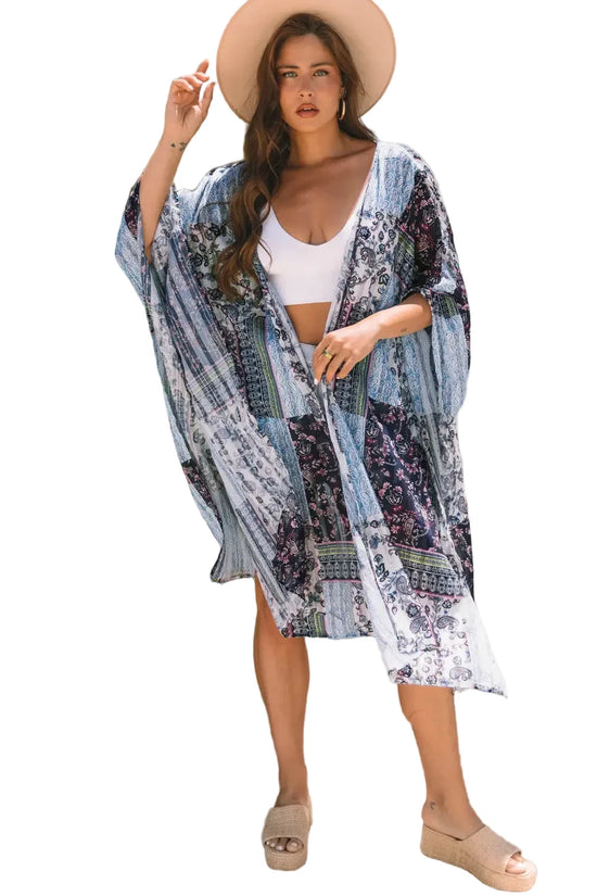 Blue retro floral print long loose open front kimono