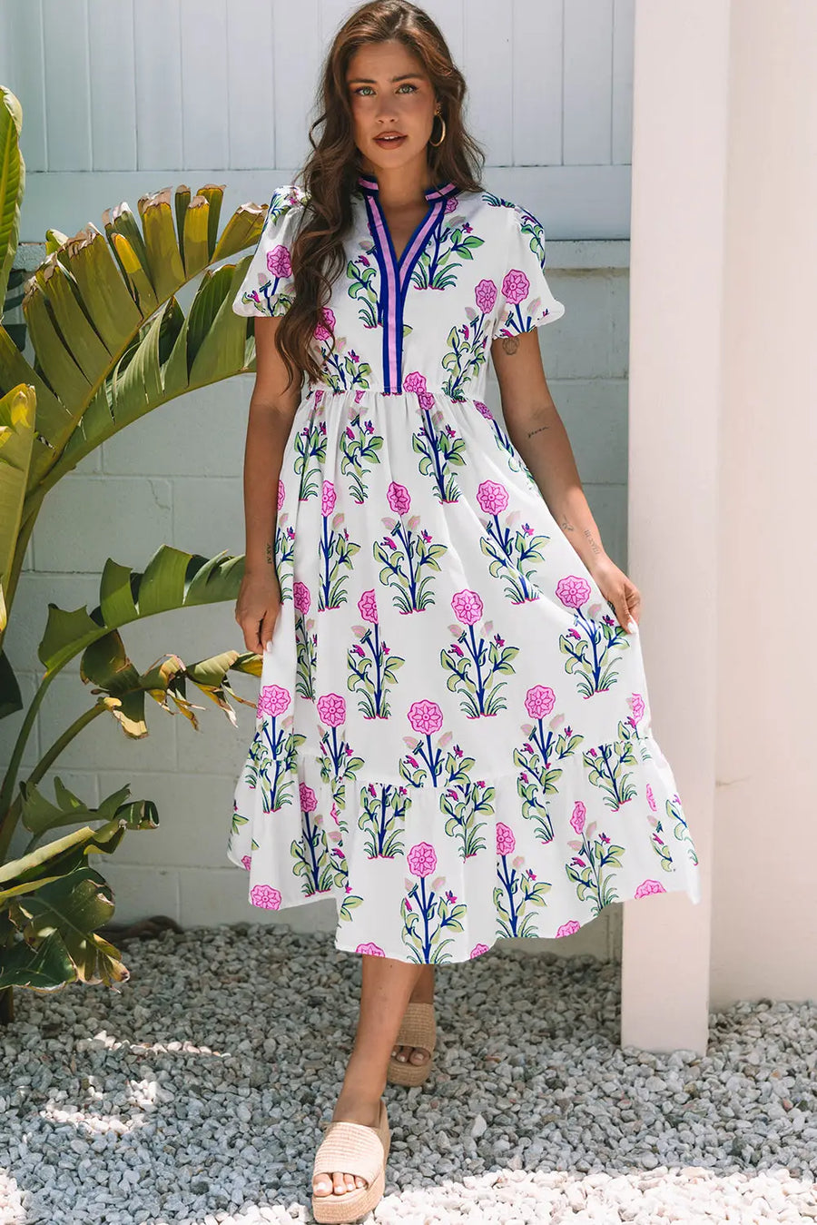 Sky Blue Floral Puff Sleeve V Neck High Waist Maxi Dress Women UK — side view