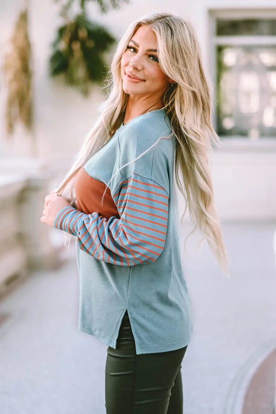 Green colorblock bishop sleeve top - striped casual chic