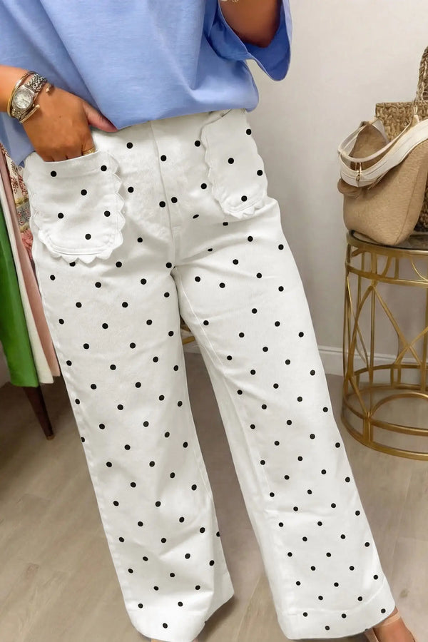 Polka dot scalloped pocket cotton shift pants front view | Fashionfitz UK