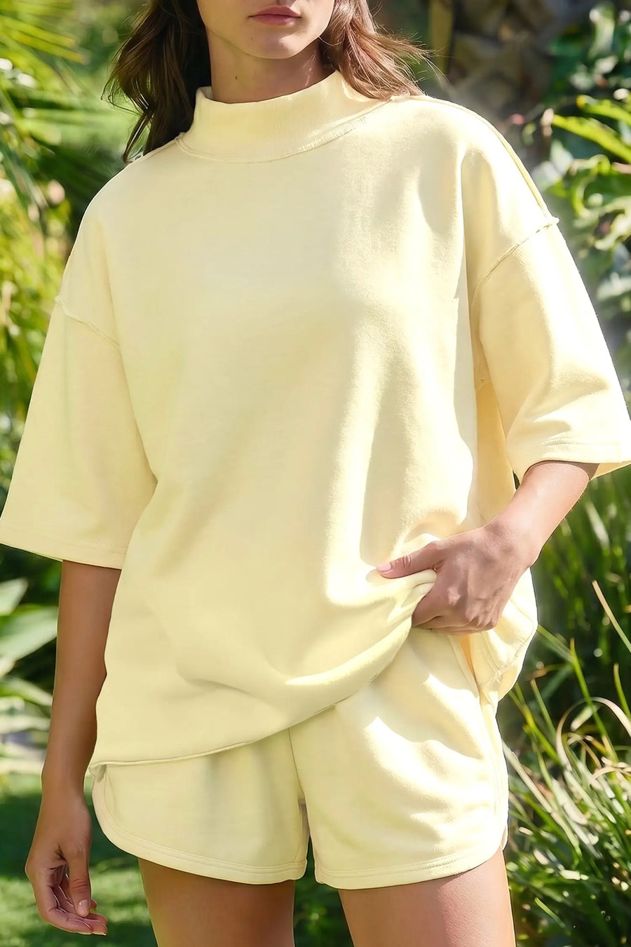 Exposed seam mock neck oversized tee shorts two piece set pockets outfit sets