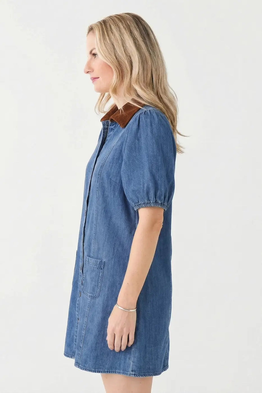 Women’s denim puff sleeve shirt collar mini dress | fashionfitz