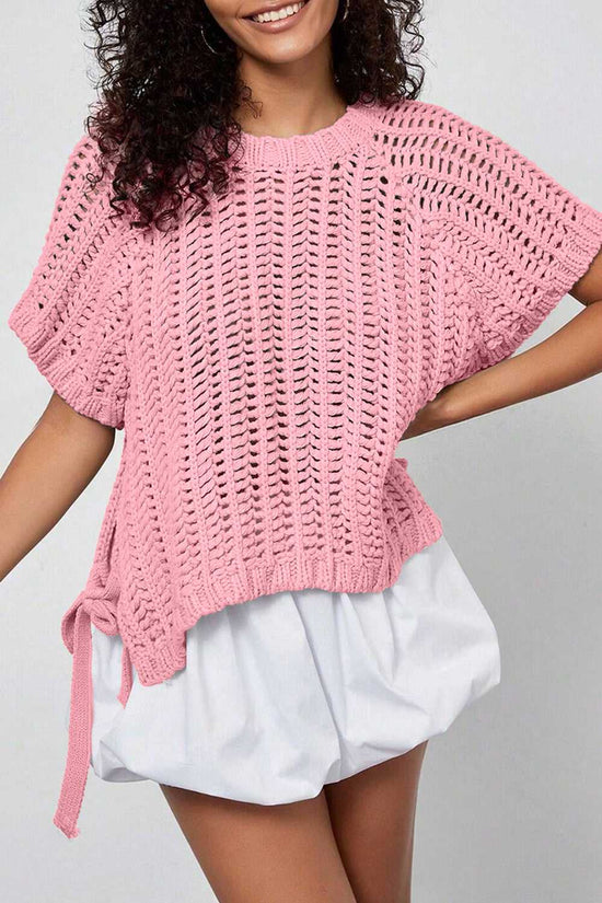 Plus Size Bow Tie Open‑Knit Jumper for Women in pink featuring short sleeves, open-knit design, and feminine bow tie.