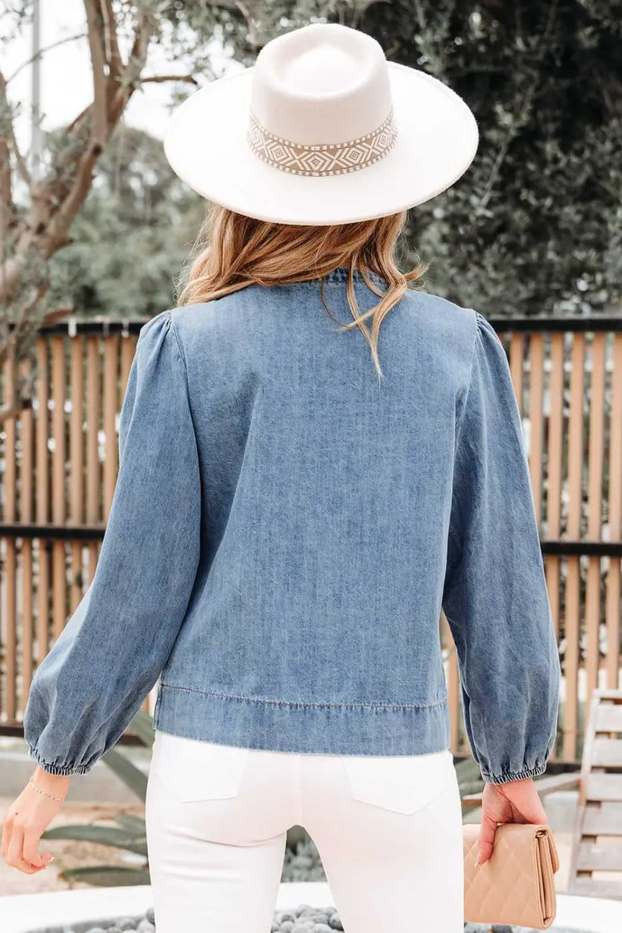 Blue Denim Tie Knot Puff Sleeve Top Women UK styled as a bold characterful casual autumn outfit — Fashionfitz