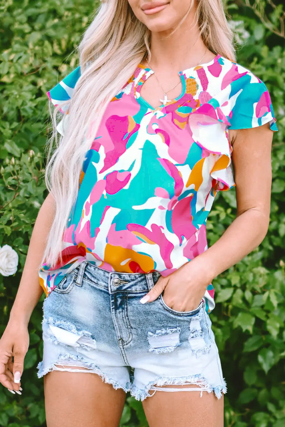 Multi colour flutter sleeve blouse - abstract print notched neck