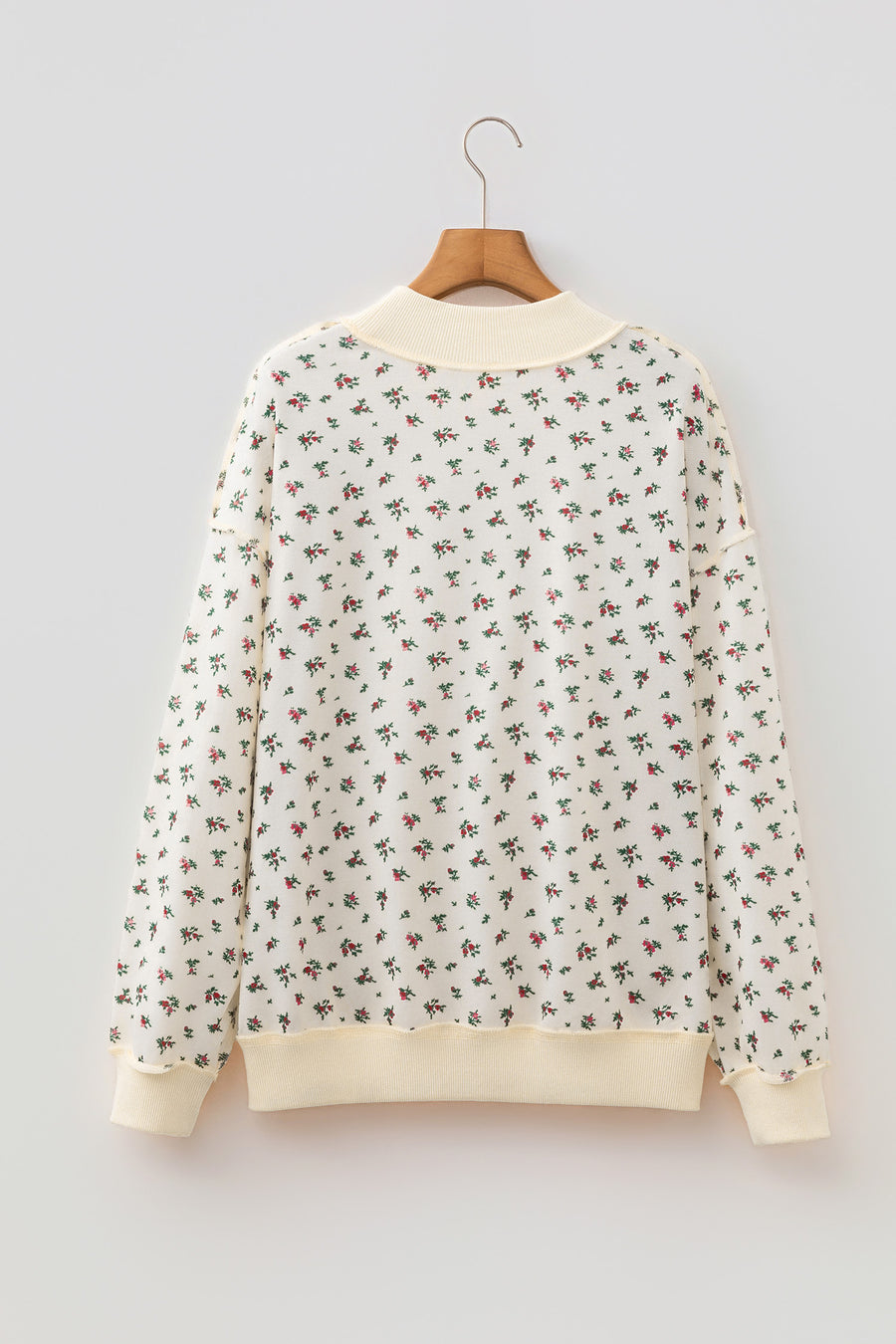 Beige Ribbed Floral Patchwork High Neck Baggy Sweatshirt