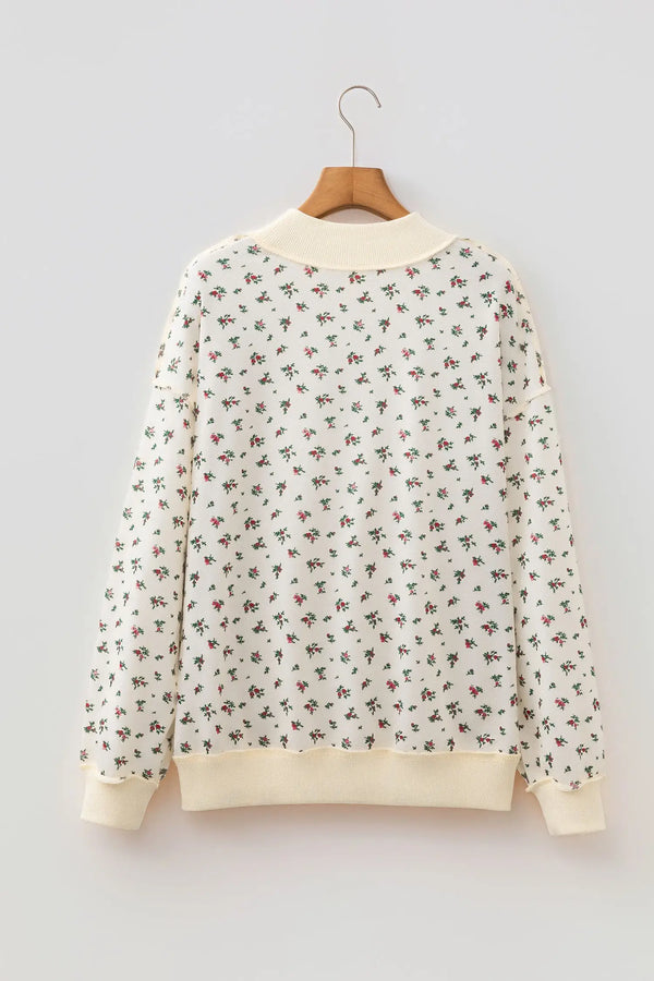 Beige Ribbed Floral Patchwork High Neck Baggy Sweatshirt