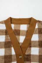 Neckline and button detail of Brown Checkered Sherpa Cardigan, highlighting V-neck design and cozy sherpa fabric for casual winter wear.