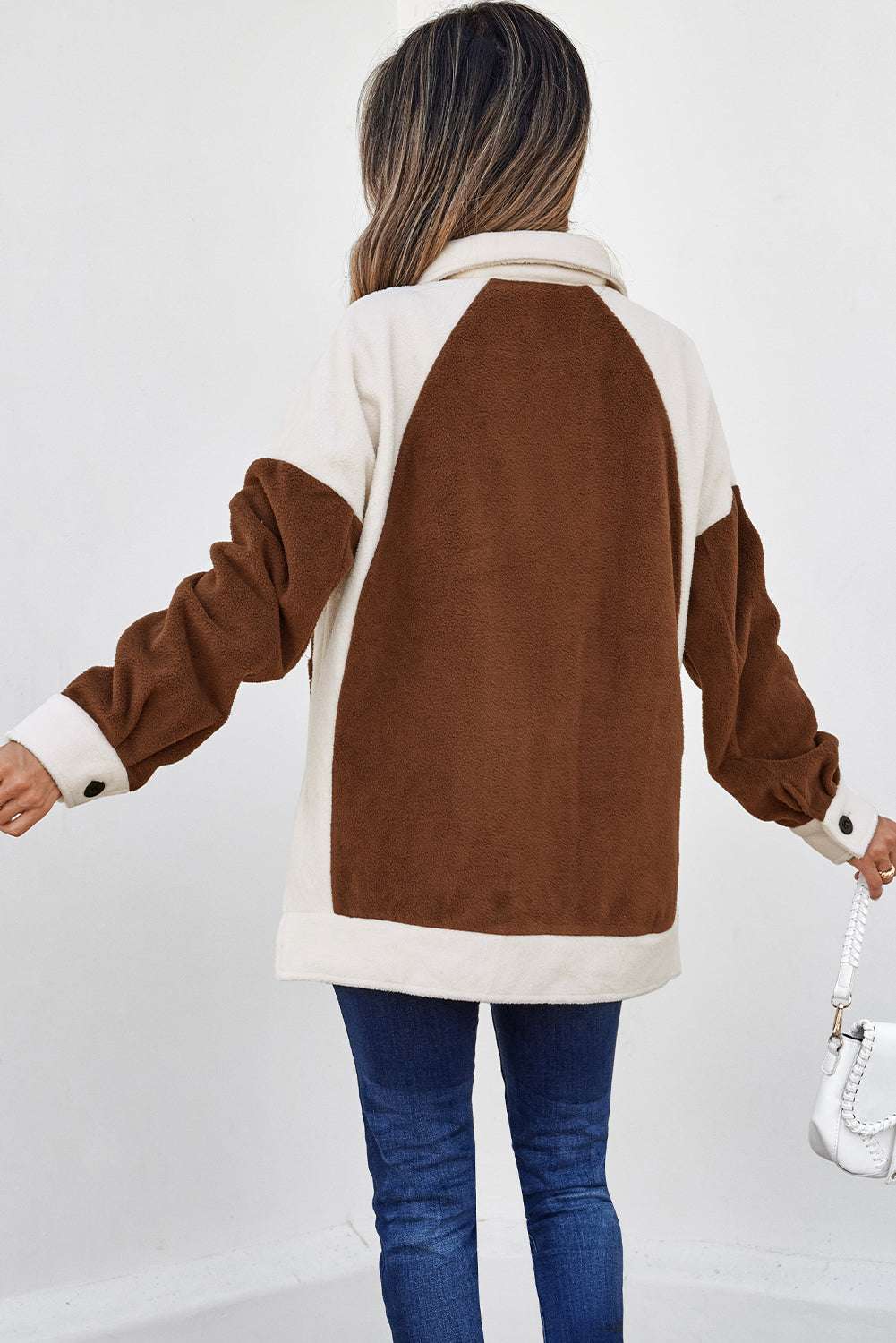 Back view of Ladies Brown Panels Fleece Shacket Winter Casual, showcasing brown fleece paneling and relaxed fit for cozy winter layering.
