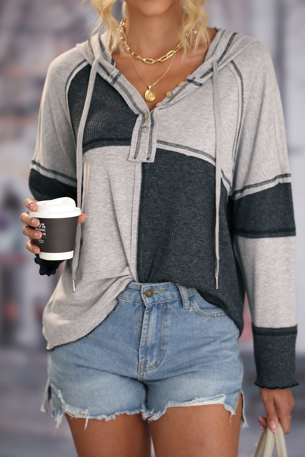 Color-Block Seamed Ribbed Henley Hoodie