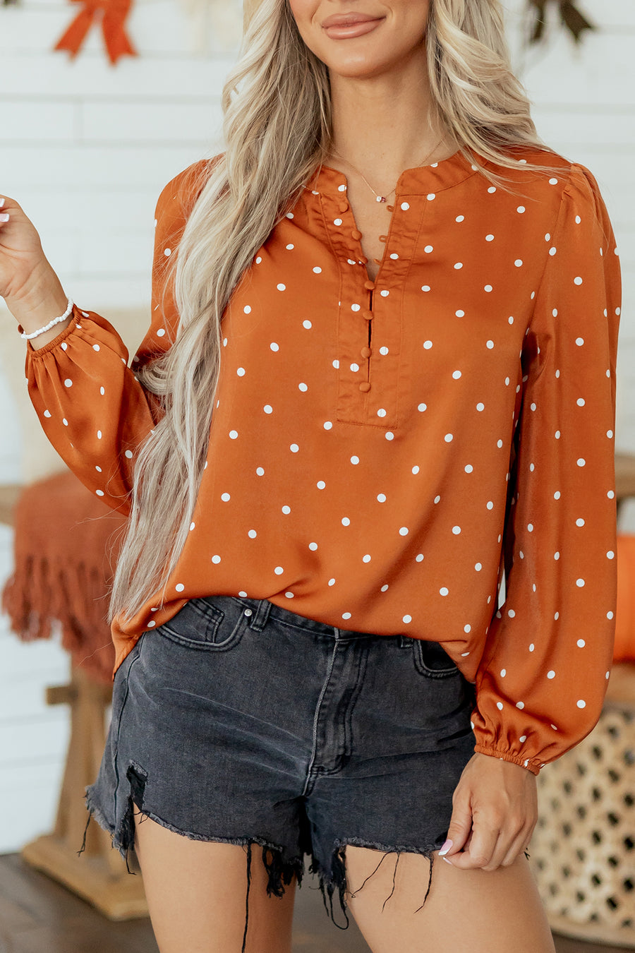 Brown Polka Dot Half Button V-Neck Long Sleeve Blouse Women UK