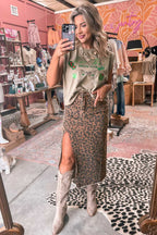 Leopard Denim Midi Skirt - Summer Fashion by FashionFitz styled with graphic tee and boots, ideal for music festival looks.