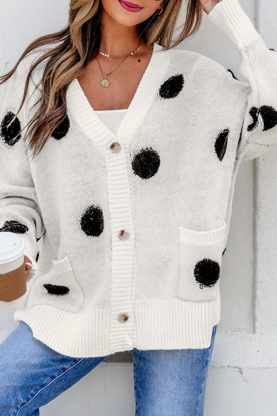 Polka Dot Button Front Oversized V-Neck Cardigan