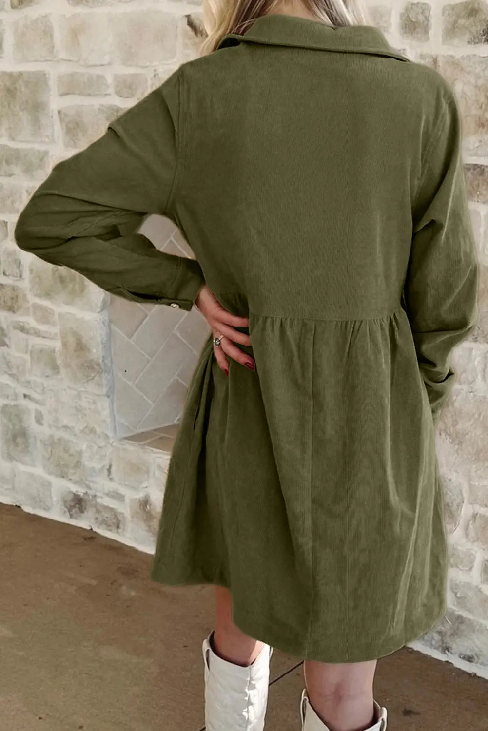 Corduroy mini dress half button collar long sleeve a-line women uk | fashionfitz