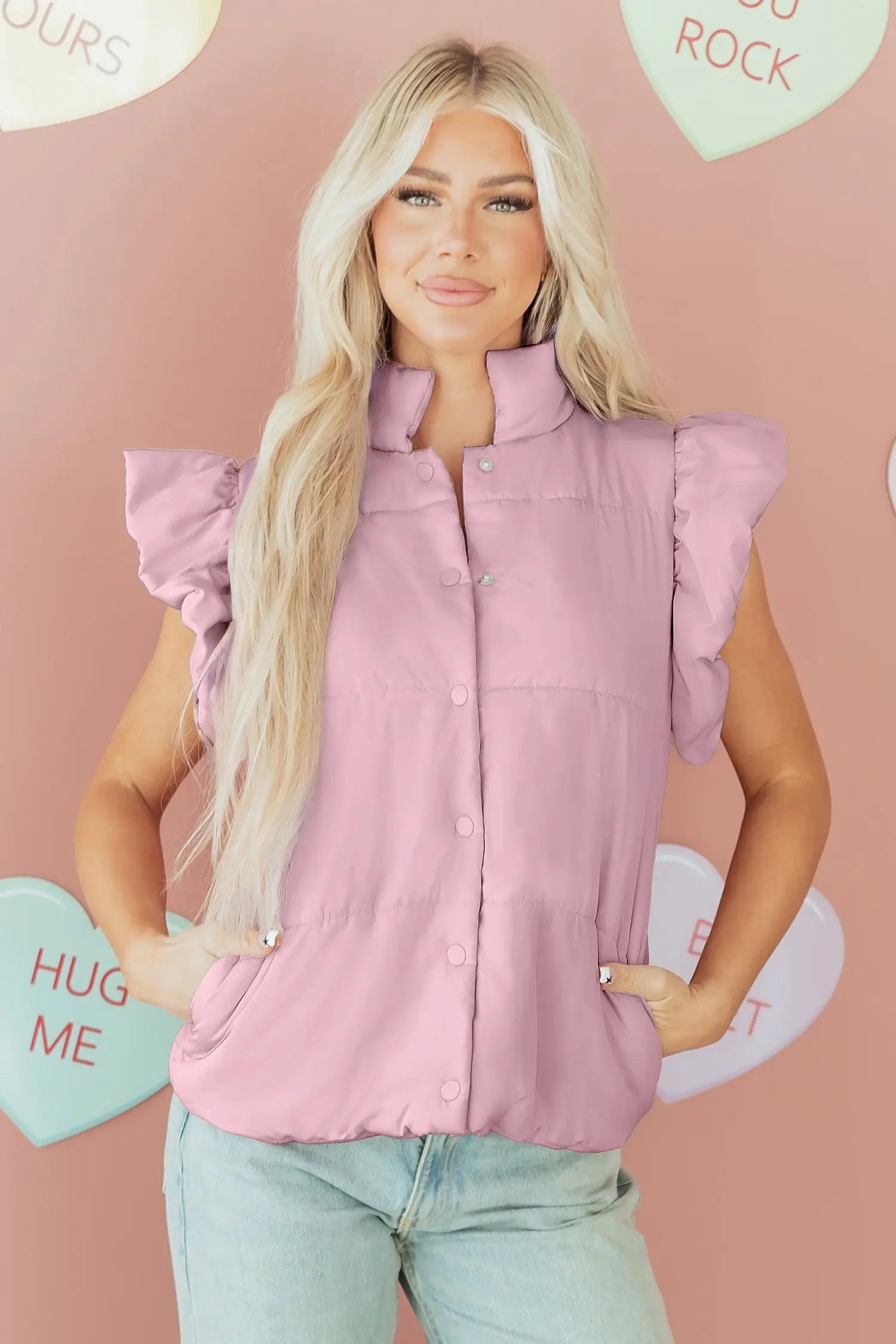 Stand neck flutter sleeve snap button padded puffer vest vests