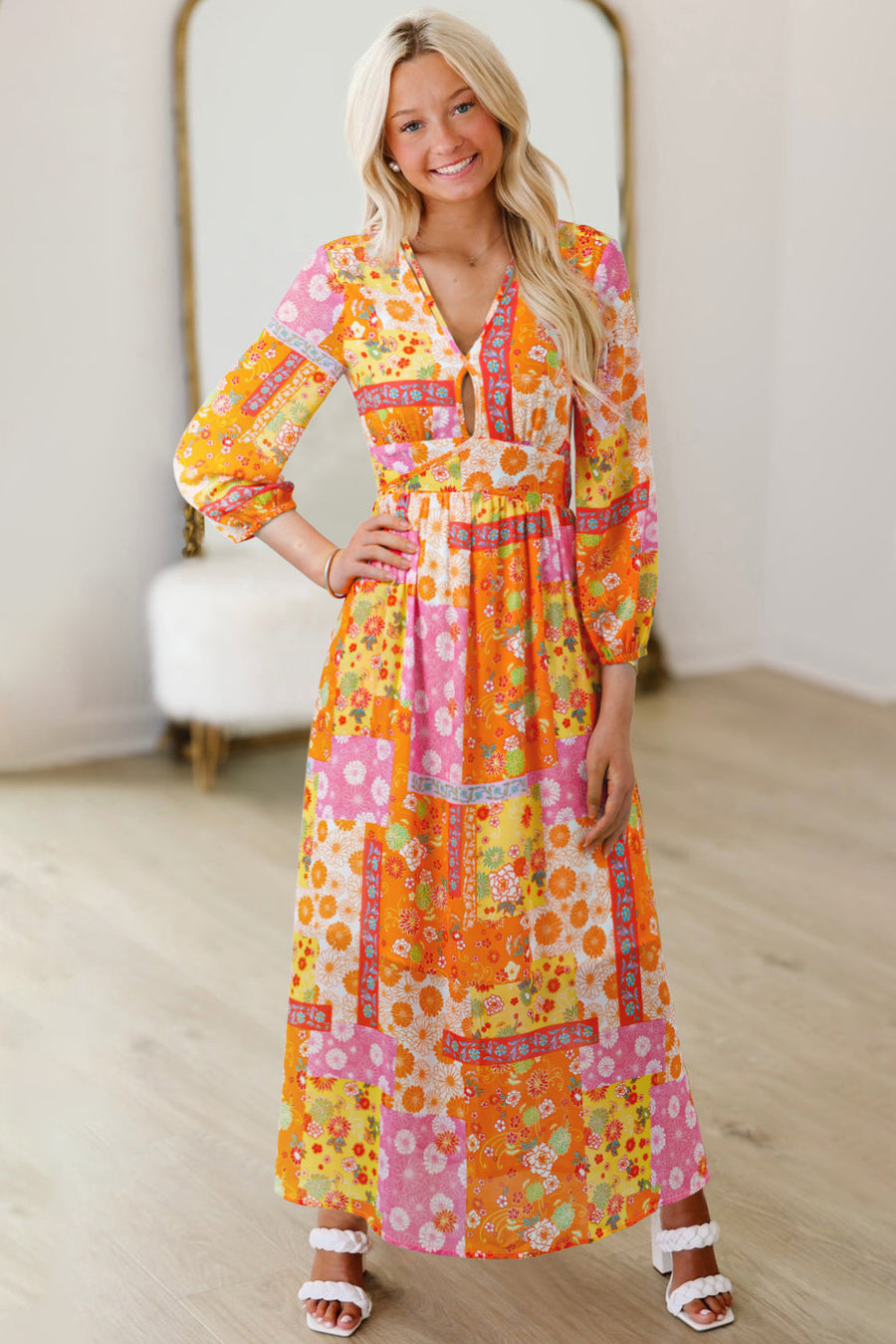 Orange Floral Patchwork Bracelet Sleeve Tied Back Maxi Dress Women UK — model shot