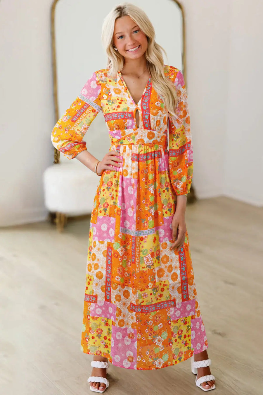Orange Floral Patchwork Bracelet Sleeve Tied Back Maxi Dress Women UK — model shot