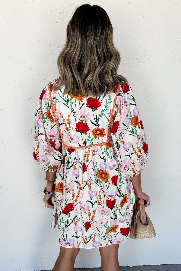 Beige Floral 3/4 Puff Sleeve Ricrac Trim Mini Dress Women UK — back view