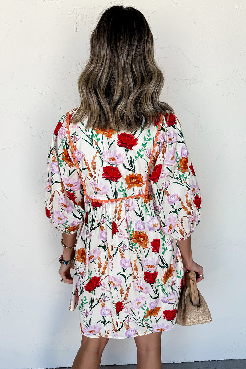 Beige Floral 3/4 Puff Sleeve Ricrac Trim Mini Dress Women UK — back view