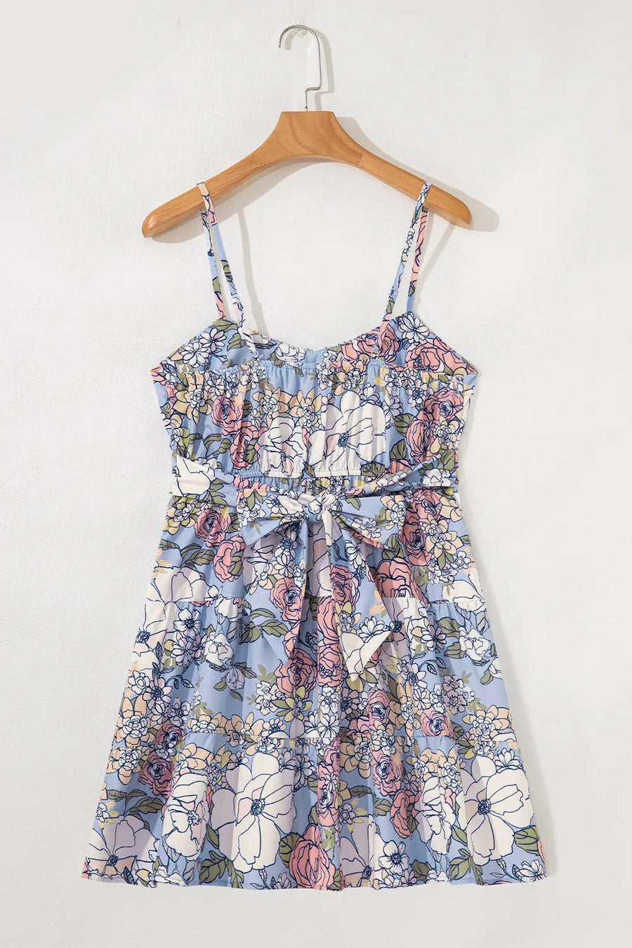 Sky Blue Floral Tiered Spaghetti Strap Vacation Dress Women UK — full length