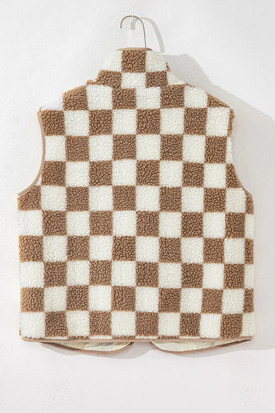 Monochrome mosaic sherpa vest - plaid design