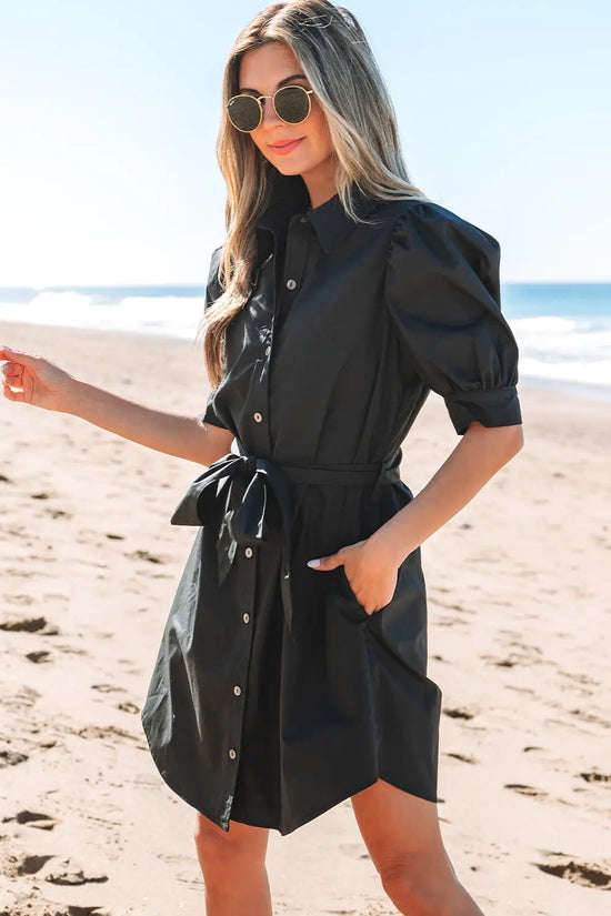 Button up puff sleeve shirt collar tie waist mini dress with pockets dresses