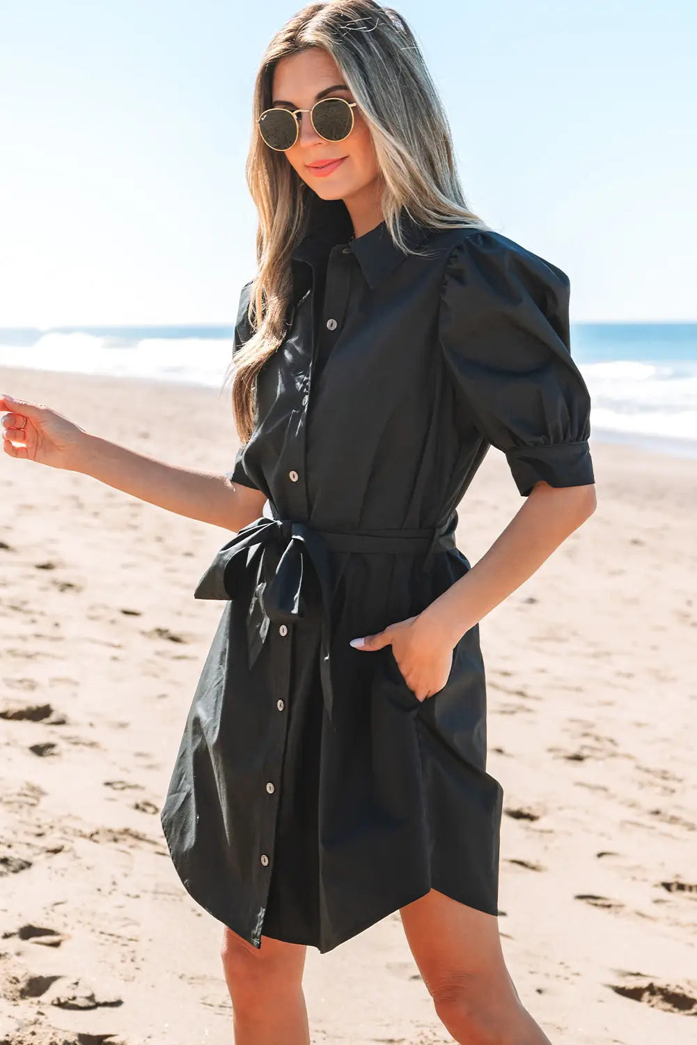 Button up puff sleeve shirt collar tie waist mini dress with pockets dresses
