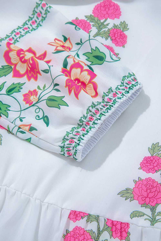 Elastic sleeve detail of White Floral Mandarin Maxi Dress with colorful floral print and comfortable fit for daily spring wear.