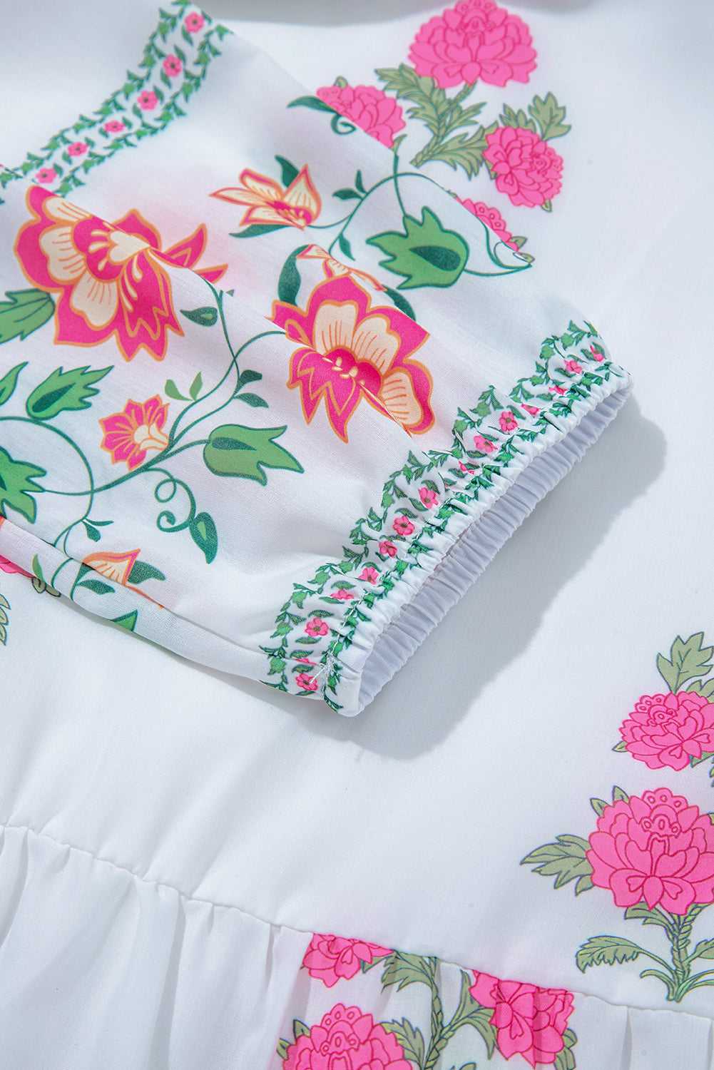 Elastic sleeve detail of White Floral Mandarin Maxi Dress with colorful floral print and comfortable fit for daily spring wear.