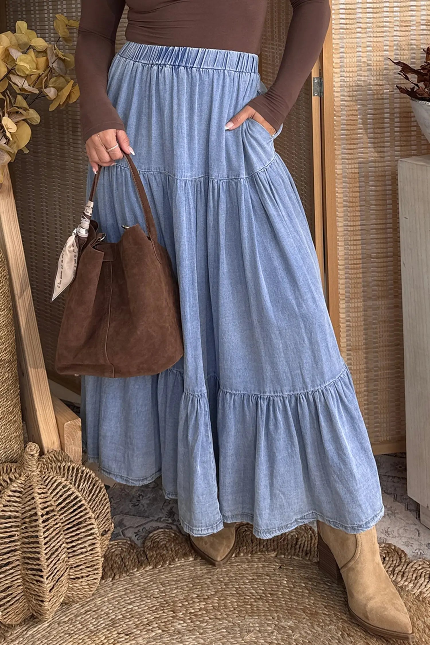 Elastic waist ruffled tiered maxi skirt lyocell side pockets beau blue skirts