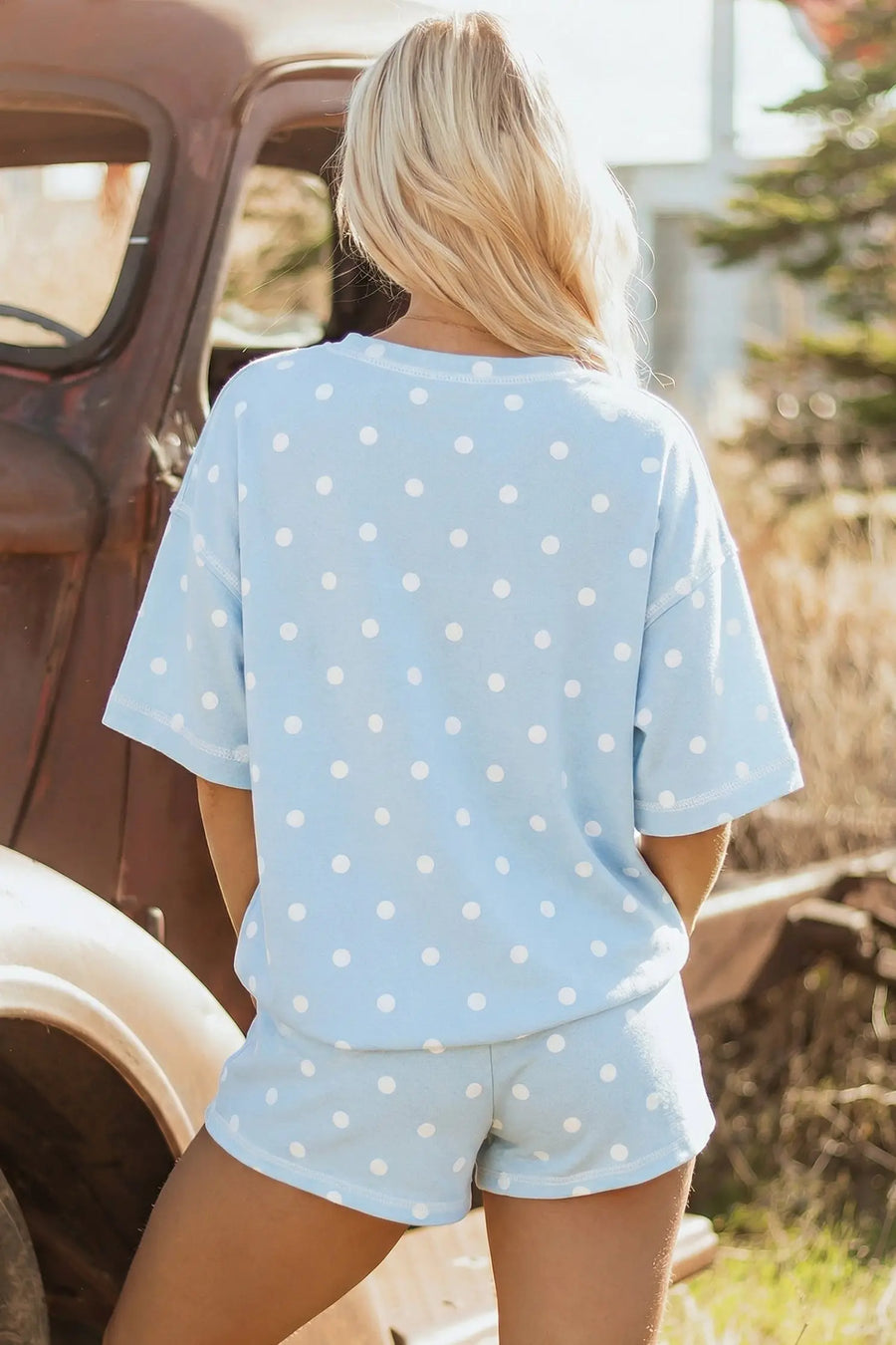 Polka Dot Exposed Seam Loose Tee Drawstring Shorts Two-Piece Set