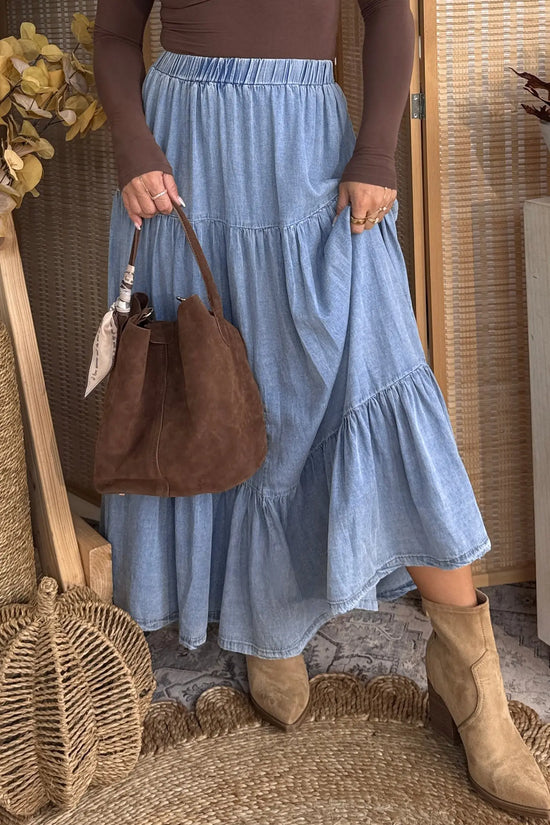 Elastic waist ruffled tiered maxi skirt lyocell side pockets beau blue skirts