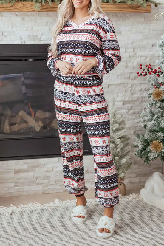 Black christmas retro print lounge set v-neck top high waist pants loungewear