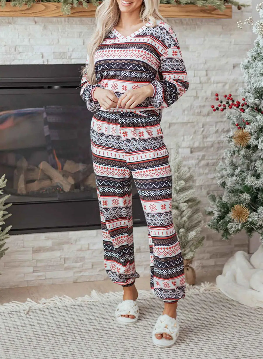 Black christmas retro print lounge set v-neck top high waist pants loungewear