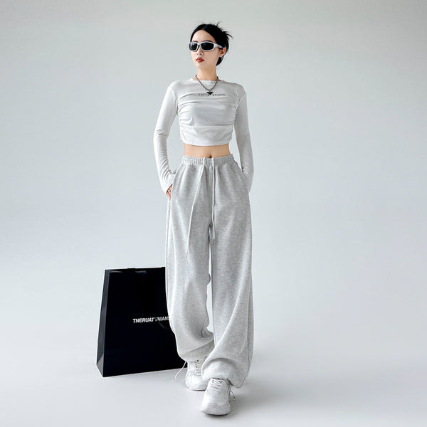 High waist loose straight leg cotton trousers women UK — front view