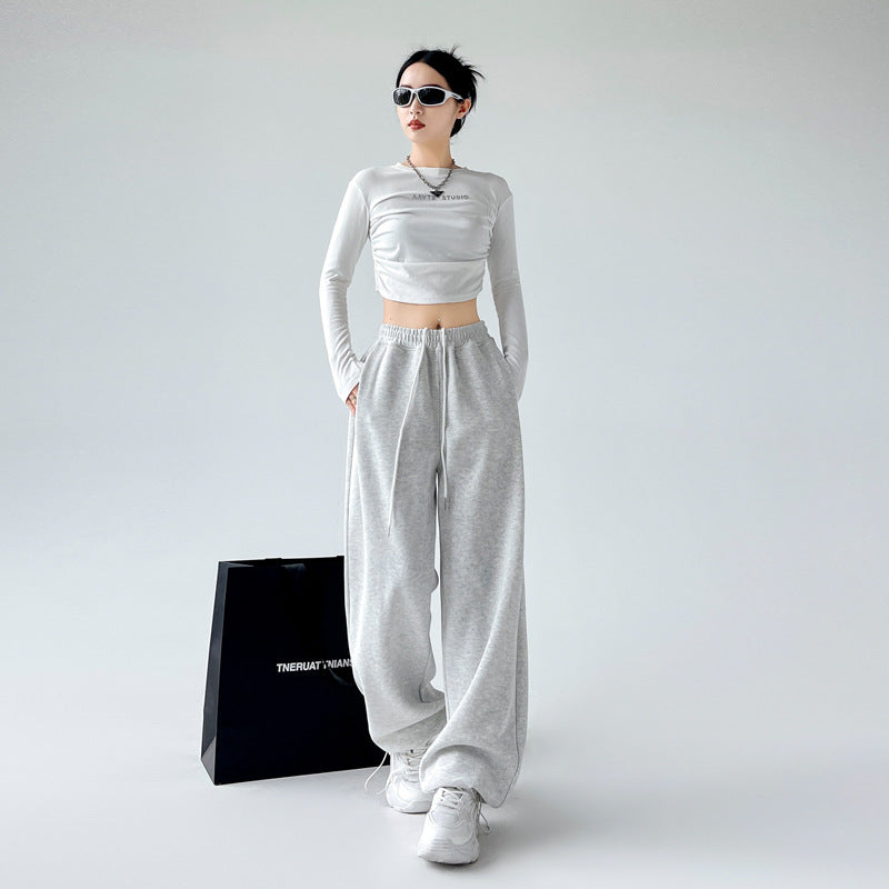 High waist loose straight leg cotton trousers women UK — front view