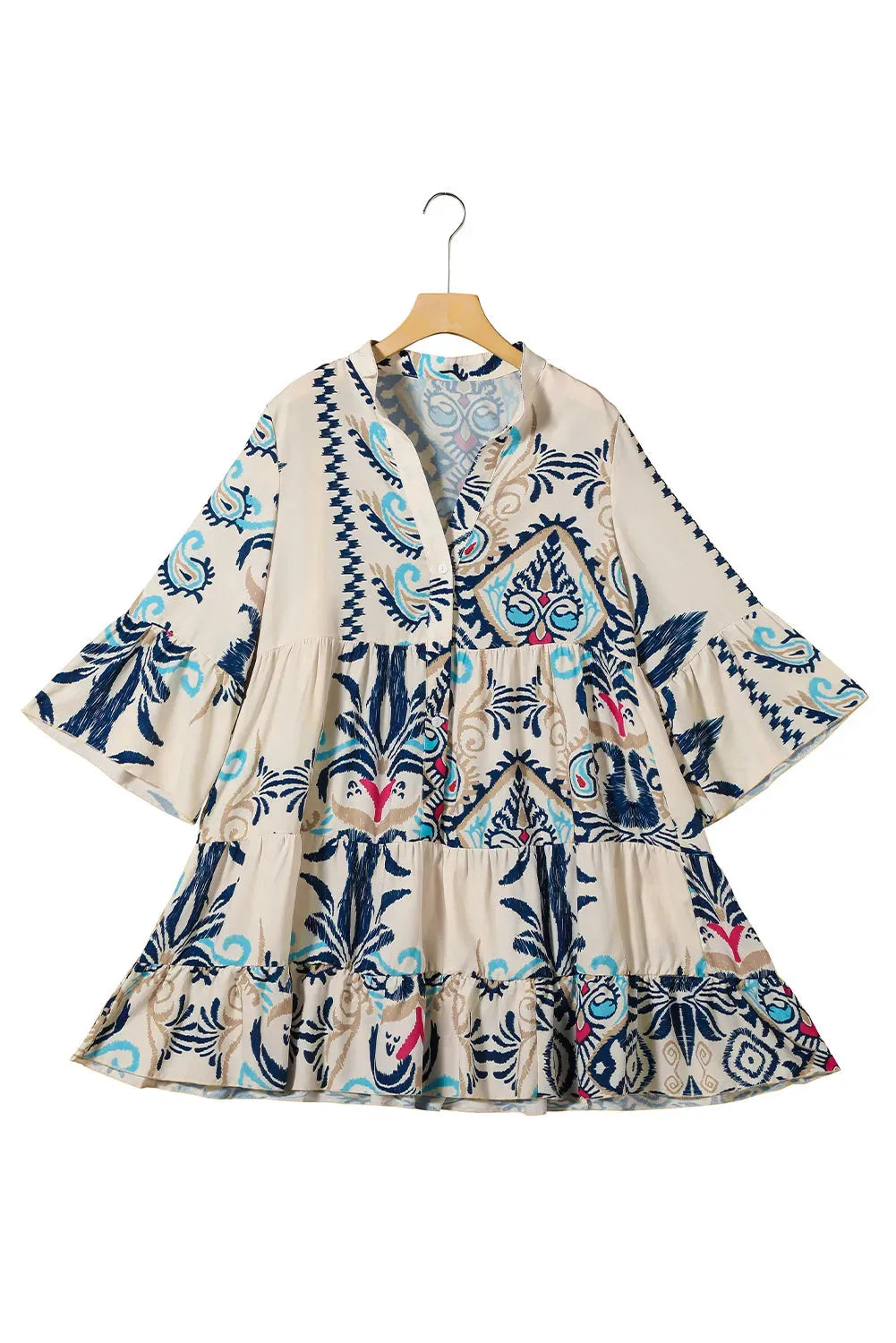 Tribal Print Bracelet Sleeve Buttoned Mini Dress - Fashionfitz