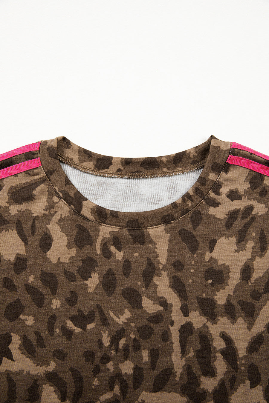 Brown Loose Contrast Striped Accent Leopard T Shirt Mini Dress with Pockets