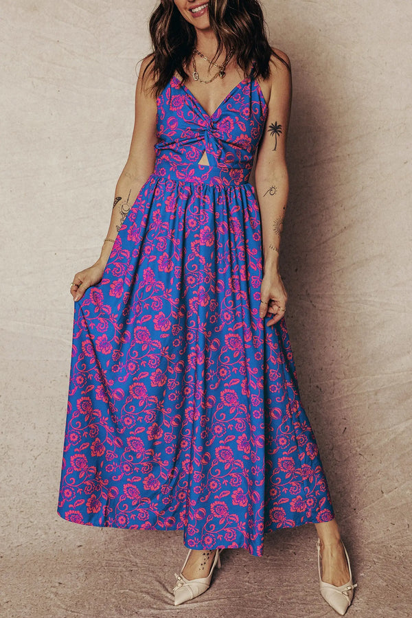 Blue Floral Twisted V Neck Tied Backless Maxi Dress Women UK — front view