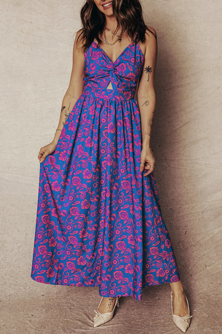 Blue Floral Twisted V Neck Tied Backless Maxi Dress Women UK — front view